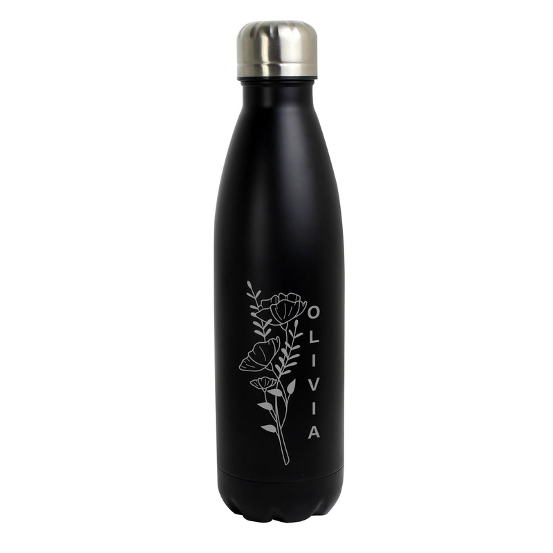 Personalised Floral Black Metal Insulated Drinks Bottle