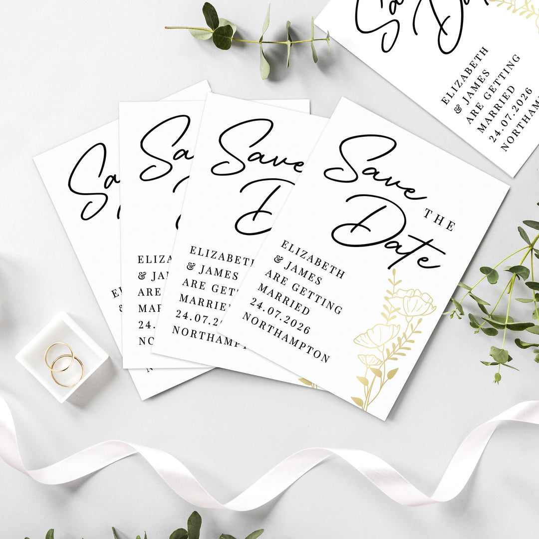 Personalised Gold Floral Set of 36 Wedding Save the Dates, The Personal Shop, personalised gifts