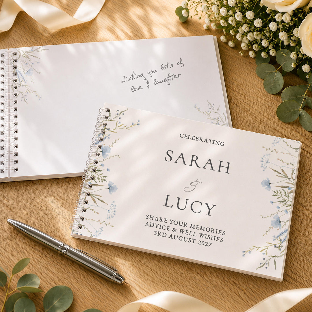 Personalised Blue Wild Flowers Wedding Guest Book, The Personal Shop, personalised gifts