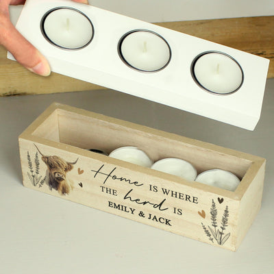 Personalised Highland Cow Triple Tea Light Box