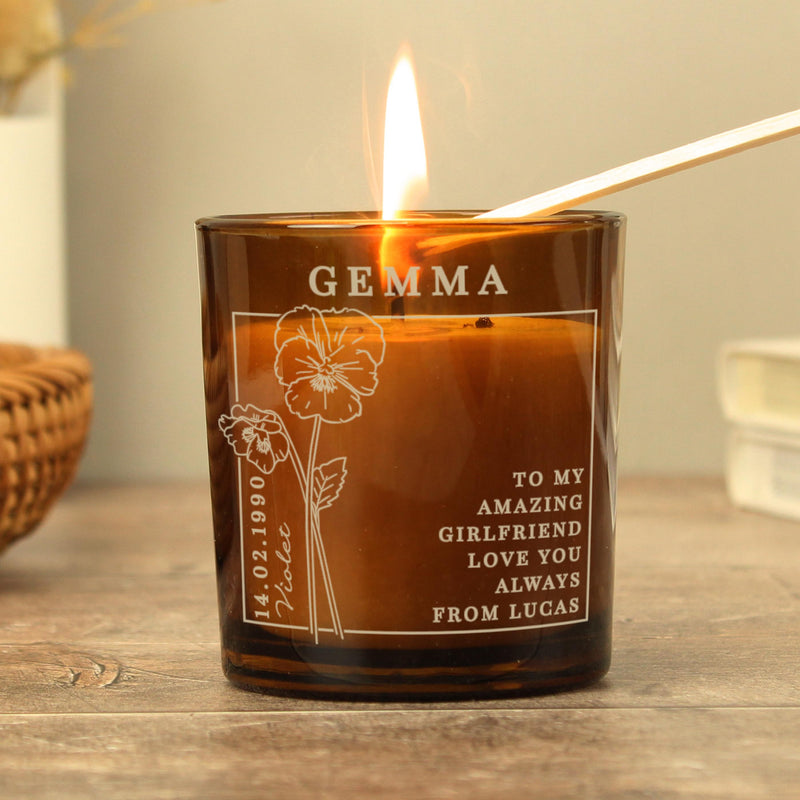 Personalised February Birth Flower Amber Glass Candle