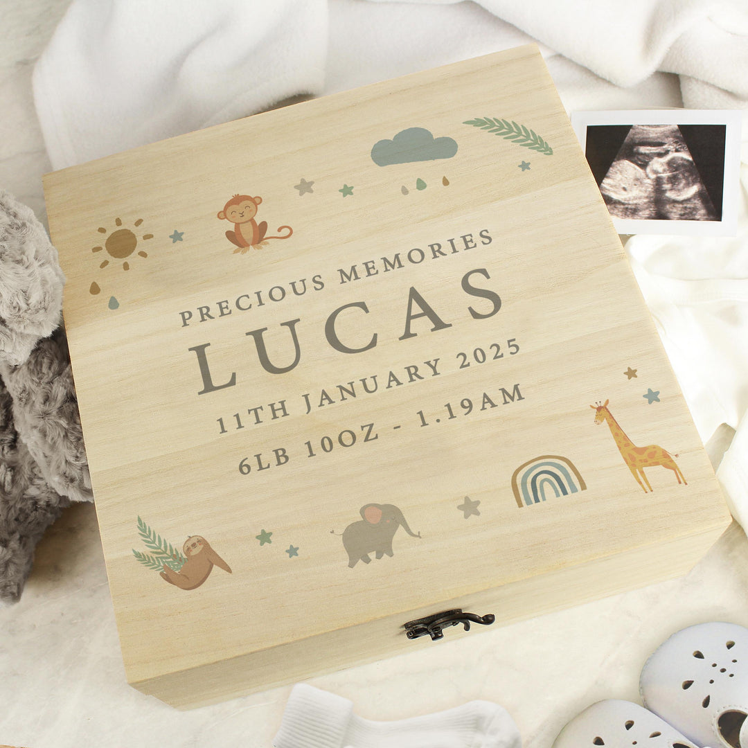 Personalised Safari Animals Large Wooden Keepsake Box, The Personal Shop, personalised gifts