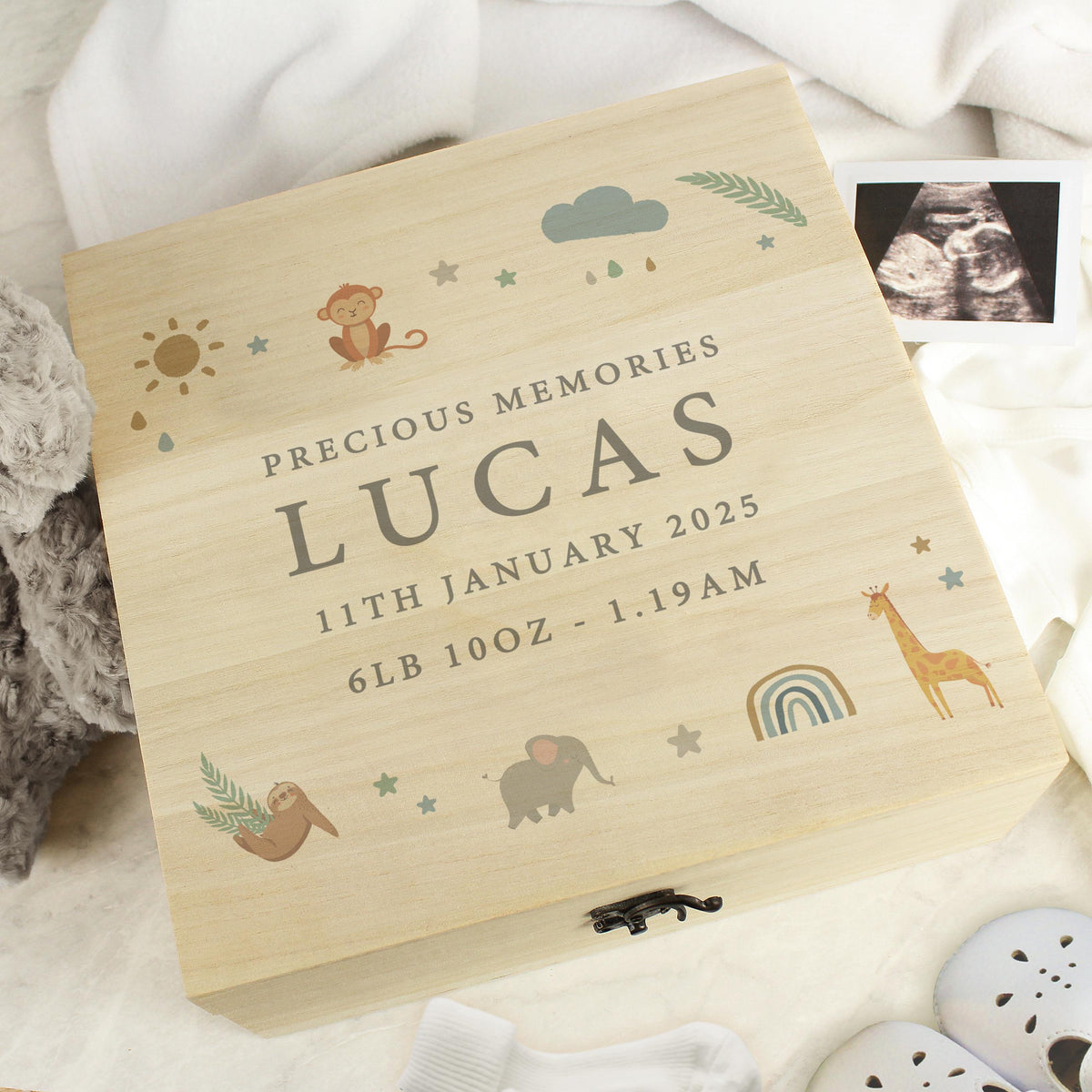 Personalised Safari Animals Large Wooden Keepsake Box, The Personal Shop, personalised gifts