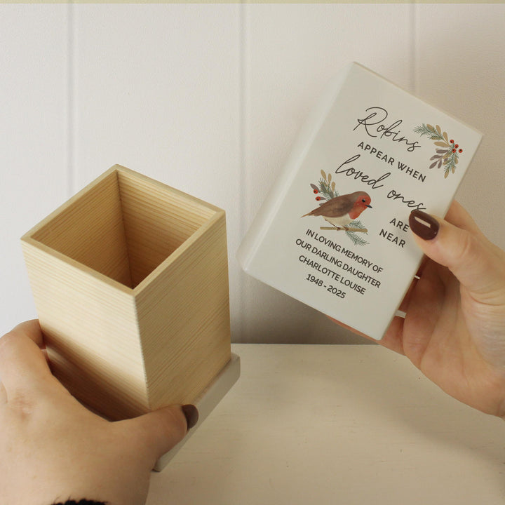 Personalised Robins Appear Small Wooden Urn, The Personal Shop, personalised gifts