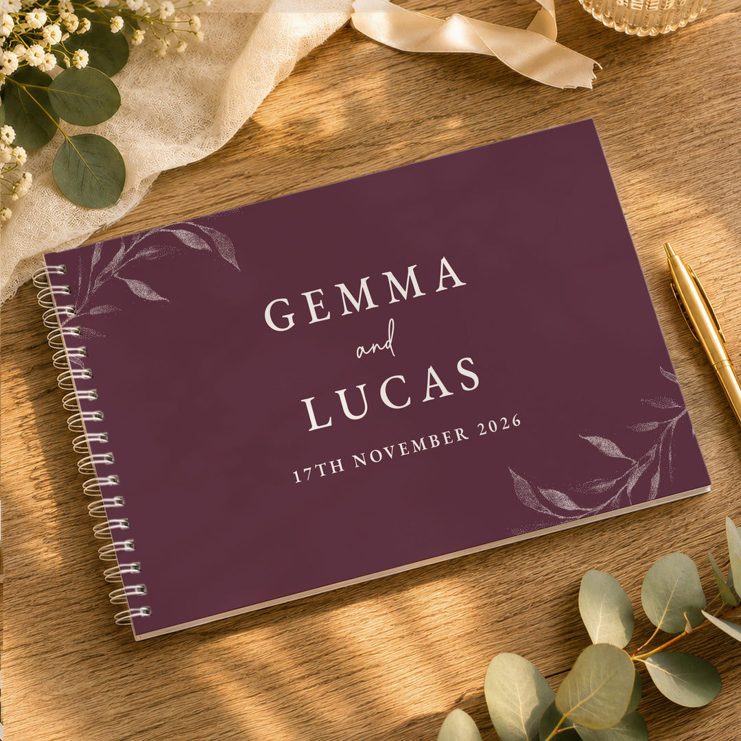 Personalised Botanical Plum Wedding Guest Book, The Personal Shop, personalised gifts