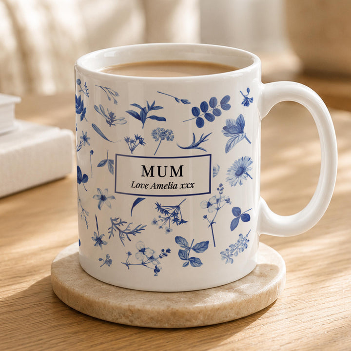 Personalised Blue Floral mug, The Personal Shop, personalised gifts