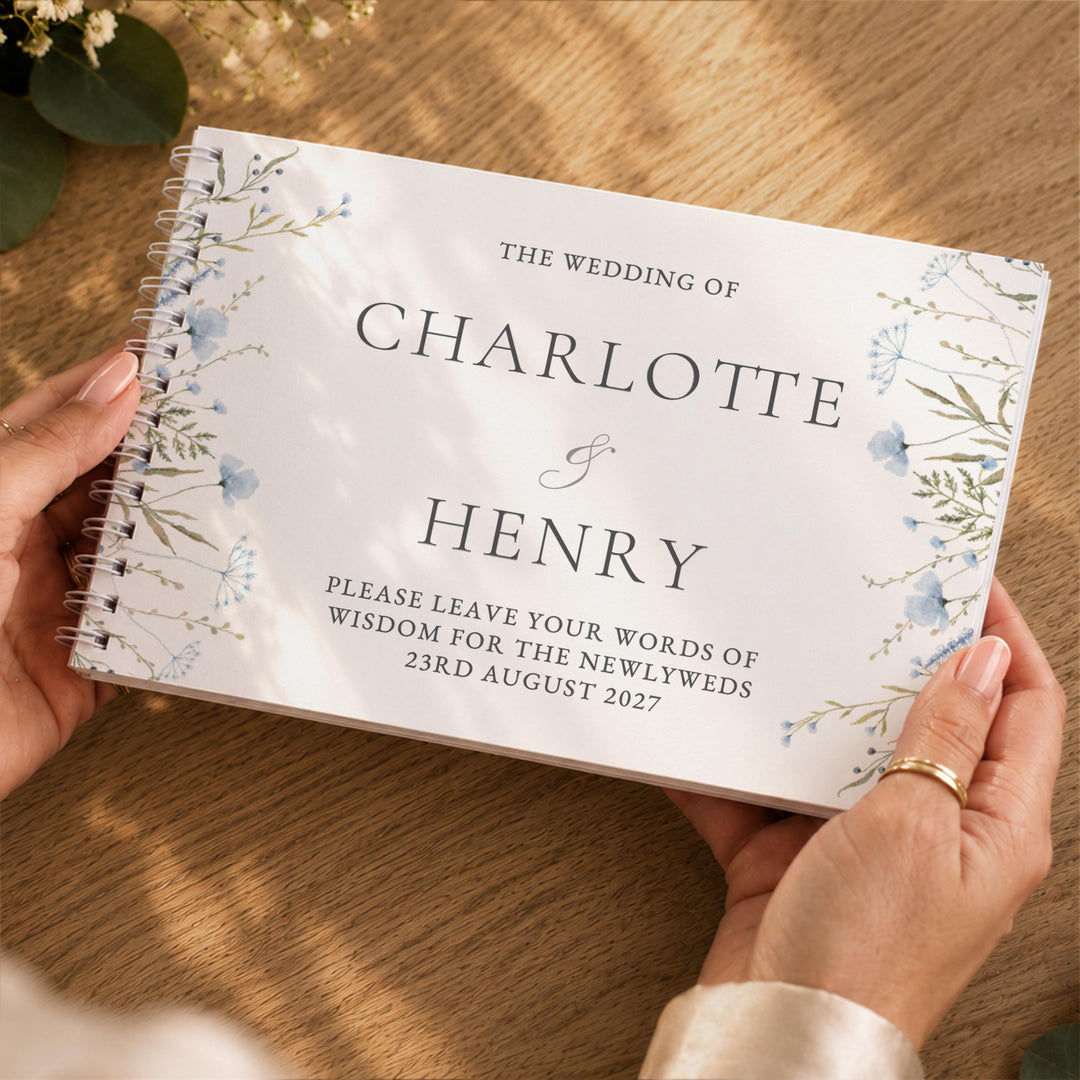 Personalised Blue Wild Flowers Wedding Guest Book, The Personal Shop, personalised gifts