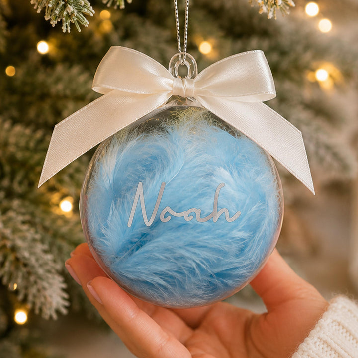 Personalised Glass Bauble with Blue Feather &amp; Ribbon, The Personal Shop, personalised gifts