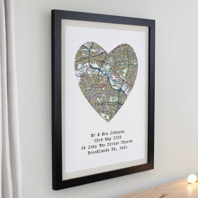 Personalised Present Day Map Heart Black Poster Frame