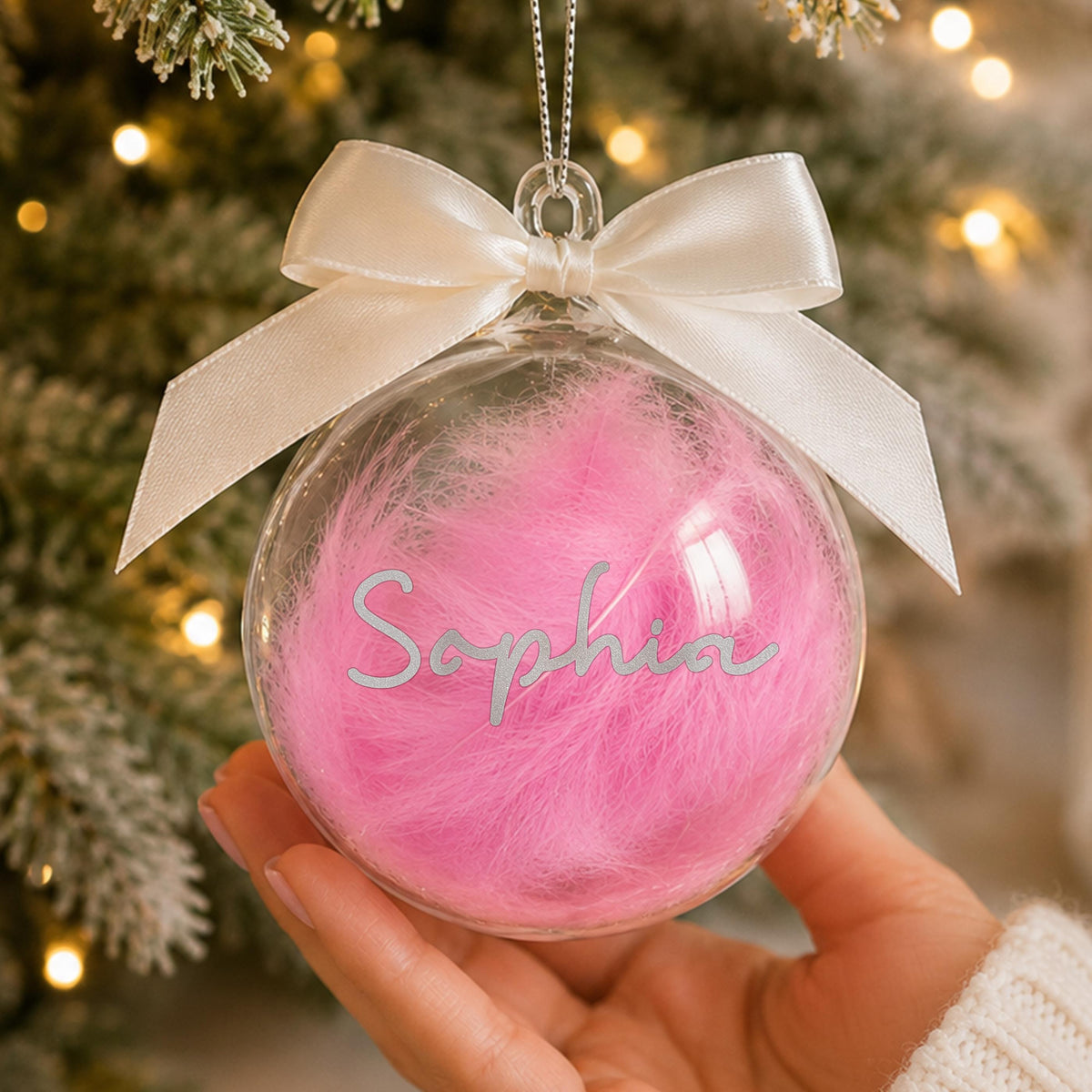 Personalised Glass Bauble with Pink Feather & Name Ribbon, The Personal Shop, personalised gifts