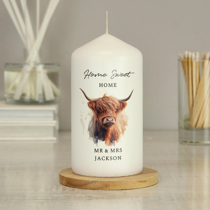 Personalised Highland Cow Pillar Candle – alternative view