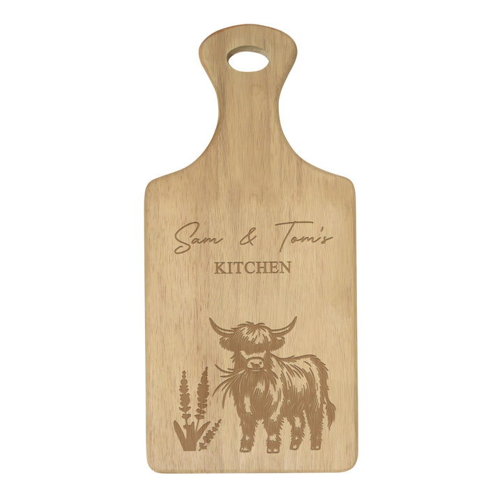 Personalised Highland Cow Paddle Chopping Board – alternative view