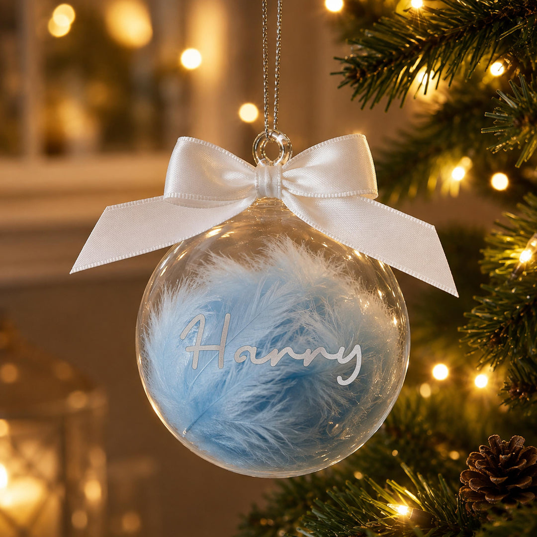 Personalised Glass Bauble with Blue Feather &amp; Ribbon, The Personal Shop, personalised gifts
