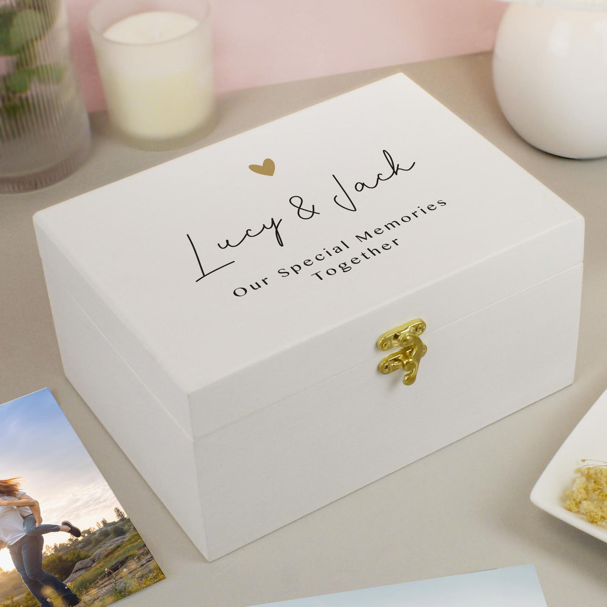 Personalised Gold Heart White Memory Box, The Personal Shop, personalised gifts