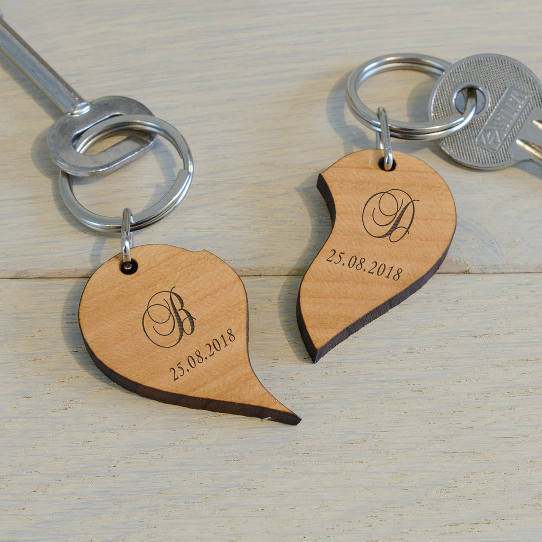 Personalised Split Heart Cherry Wood Keyrings Set of 2