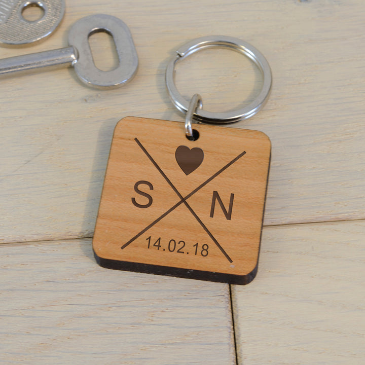 Personalised Cherry Wood Key Ring with Initials and Date