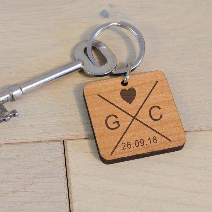 Personalised Cherry Wood Key Ring with Initials and Date
