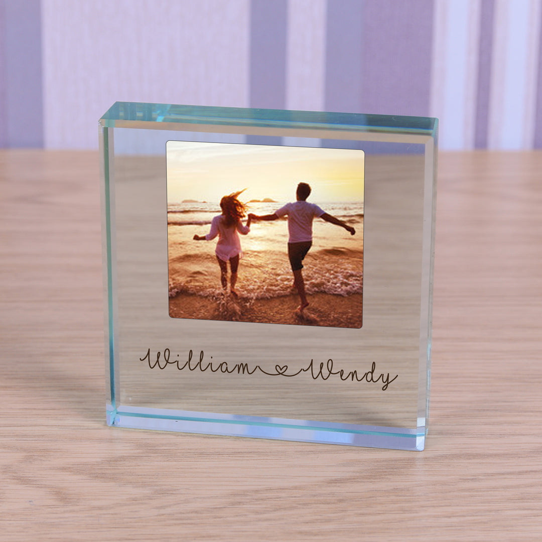 Personalised Happy Couple Glass Token with Photo &amp; Names