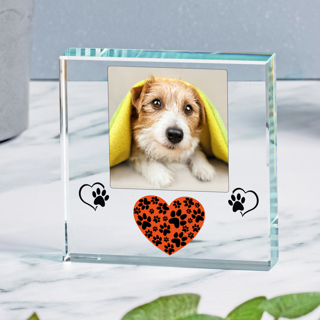 Personalised Pet Pawprint Heart Glass Token with Photo