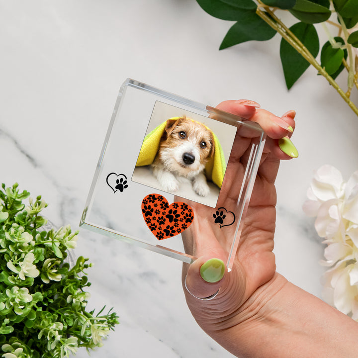 Personalised Pet Pawprint Heart Glass Token with Photo