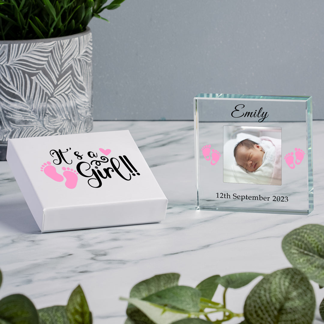 Personalised New Baby Glass Token with Photo and Gift Box