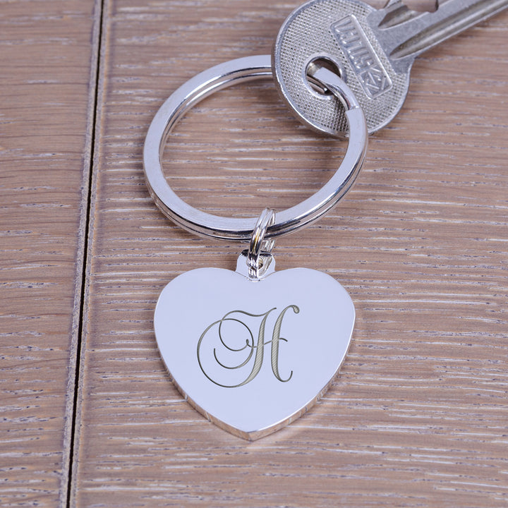 Personalised Script Initial Heart Key Ring - Silver Plated