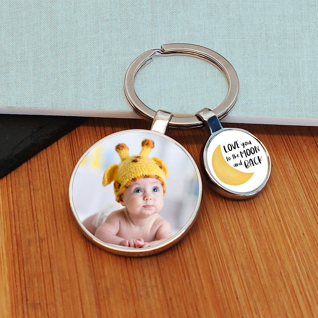 Personalised Moon &amp; Back Photo Keyring with Charm