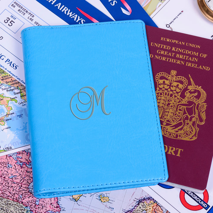 Personalised Blue Passport Holder with Script Initial