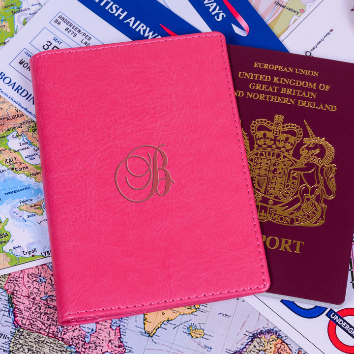 Personalised Pink Passport Holder with Script Initial