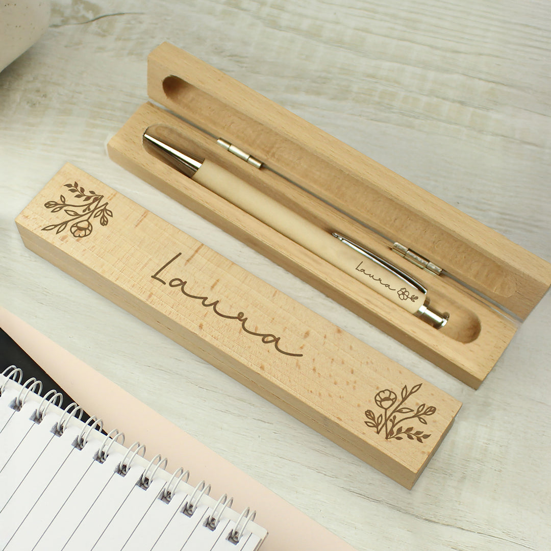 Personalised floral wooden pen and matching engraved gift box