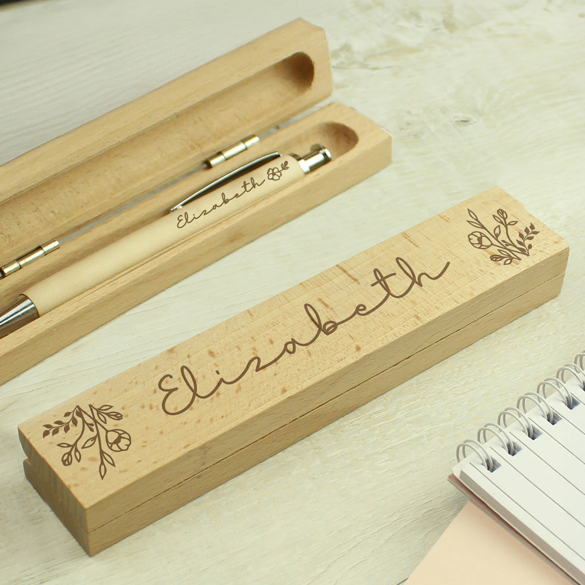 Personalised floral wooden pen and engraved box, Elisabeth example