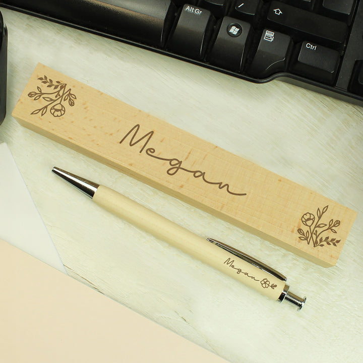 Personalised floral wooden pen and engraved box, Megan example