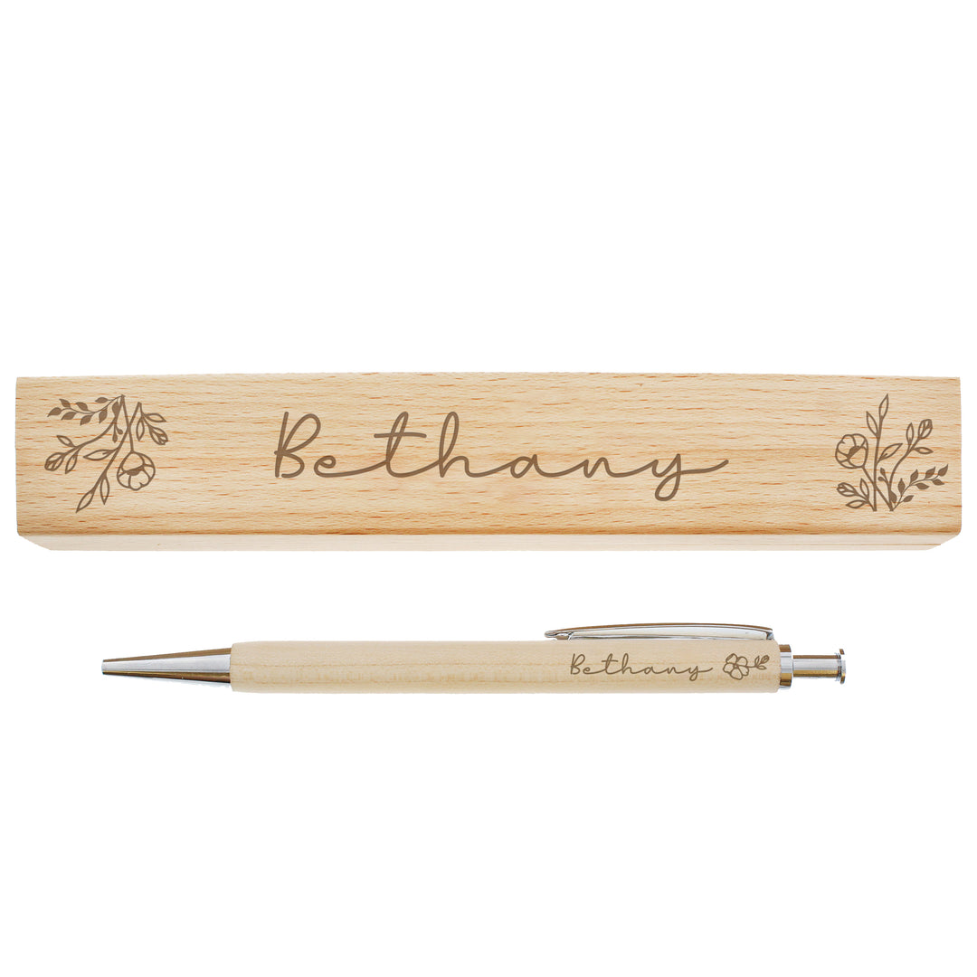 Personalised floral wooden pen and engraved wooden gift box