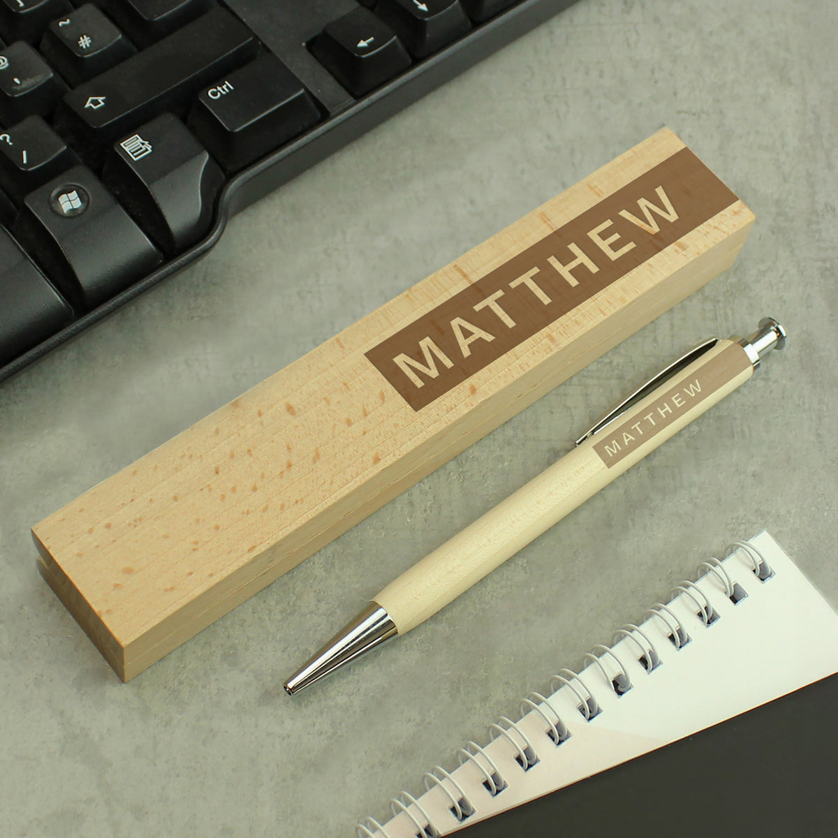 Personalised wooden pen with matching name-engraved wooden box