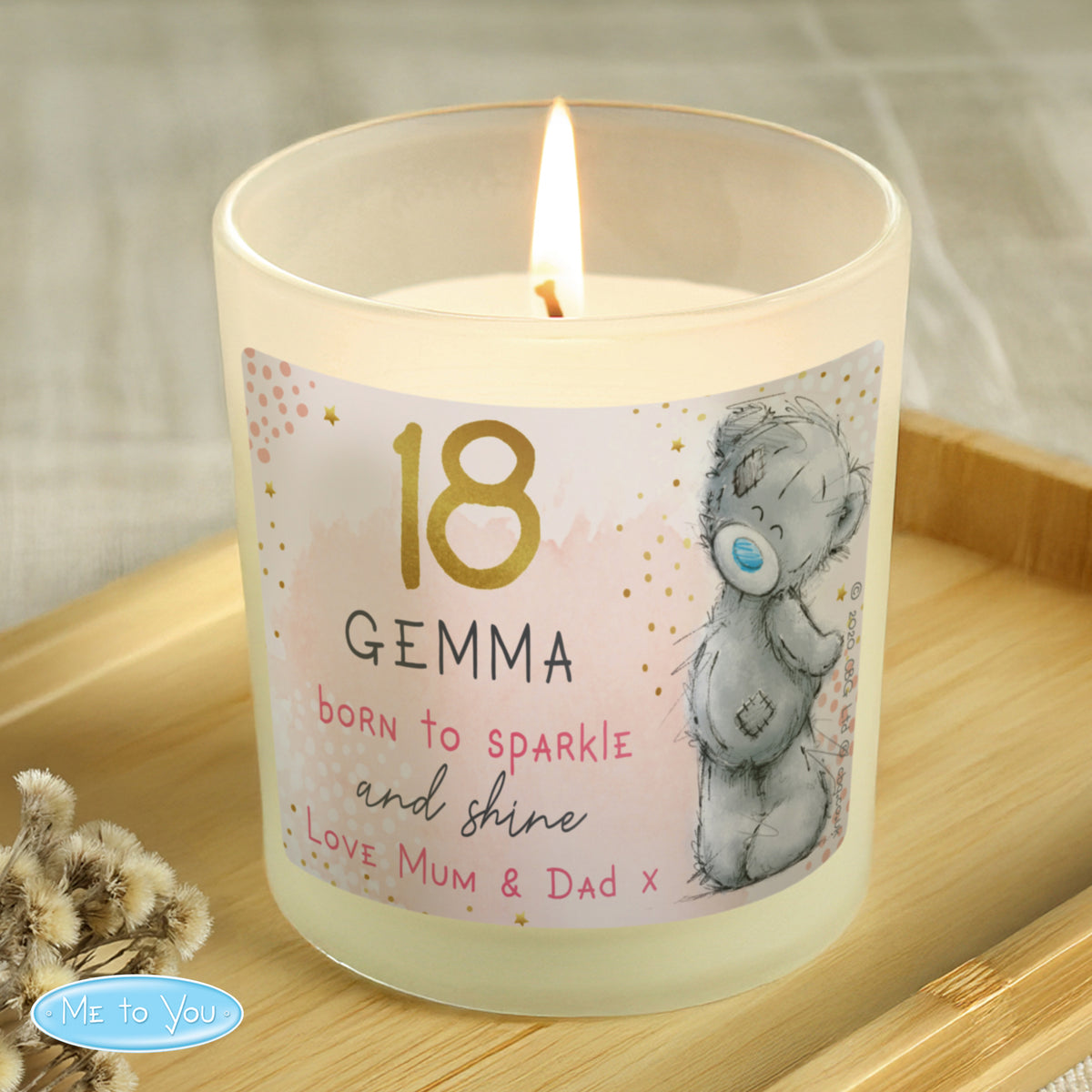 Personalised Me To You vanilla birthday candle in a frosted jar, showing Gemma aged 18
