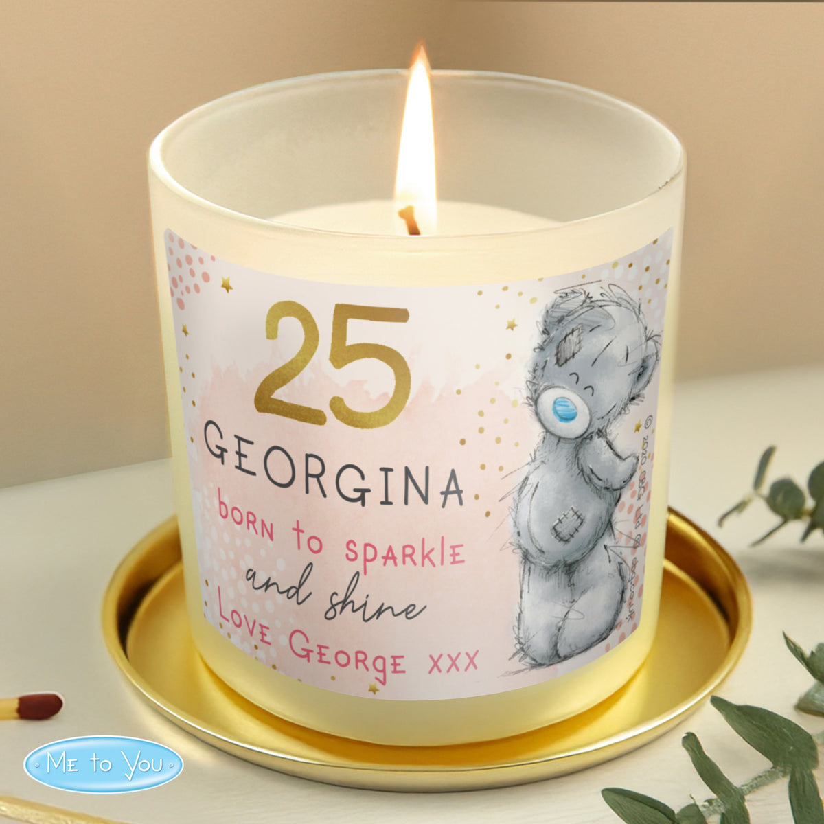 Personalised Me To You vanilla birthday candle, showing Georgina aged 25 on a gold tray