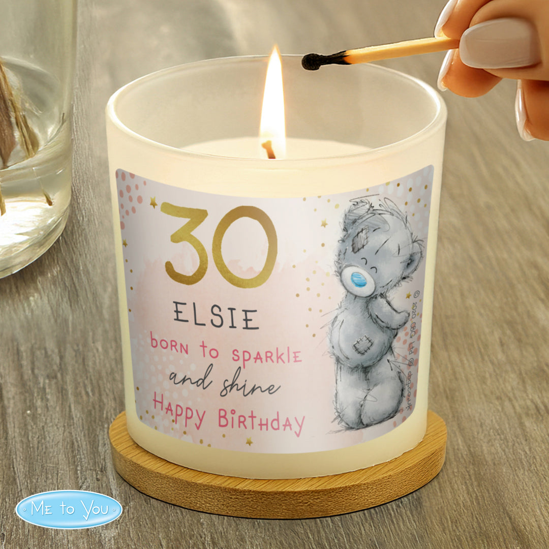 Personalised Me To You vanilla birthday candle being lit, showing Elsie aged 30