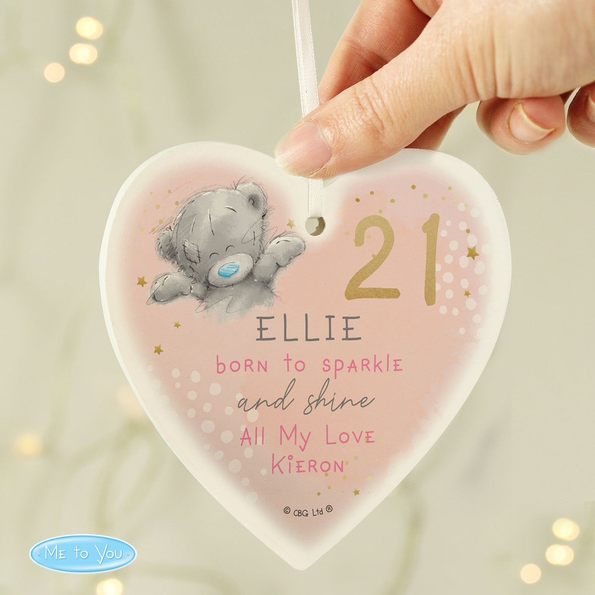 Personalised Me To You Sparkle & Shine wooden birthday heart with ribbon, showing Ellie aged 21