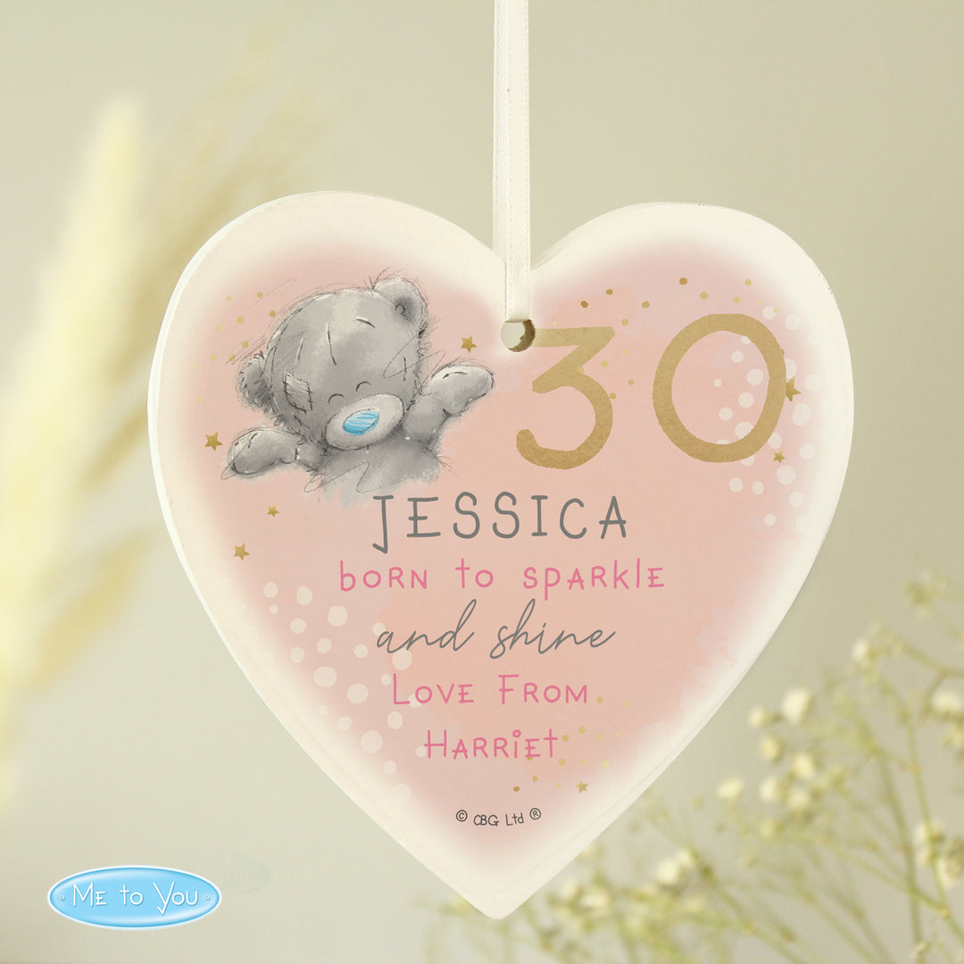 Personalised Me To You Sparkle &amp; Shine wooden heart with ribbon, showing Jessica aged 30