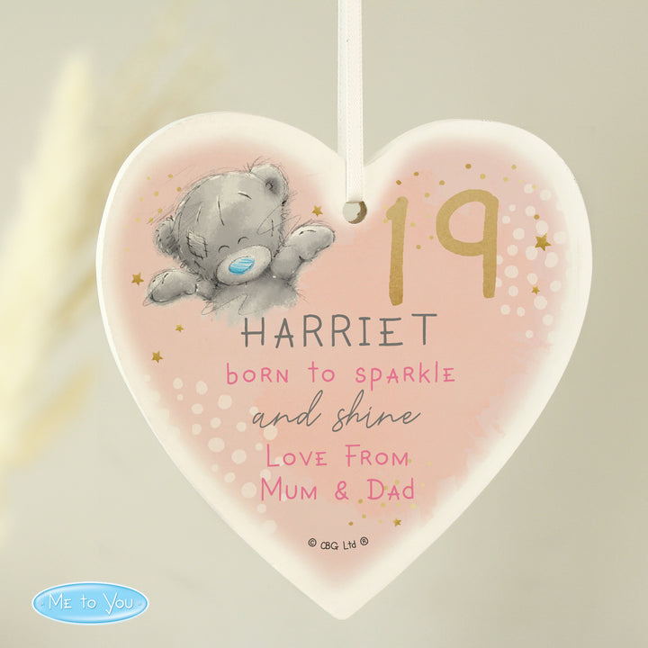 Personalised Me To You Sparkle &amp; Shine wooden heart with ribbon, showing Harriet aged 19
