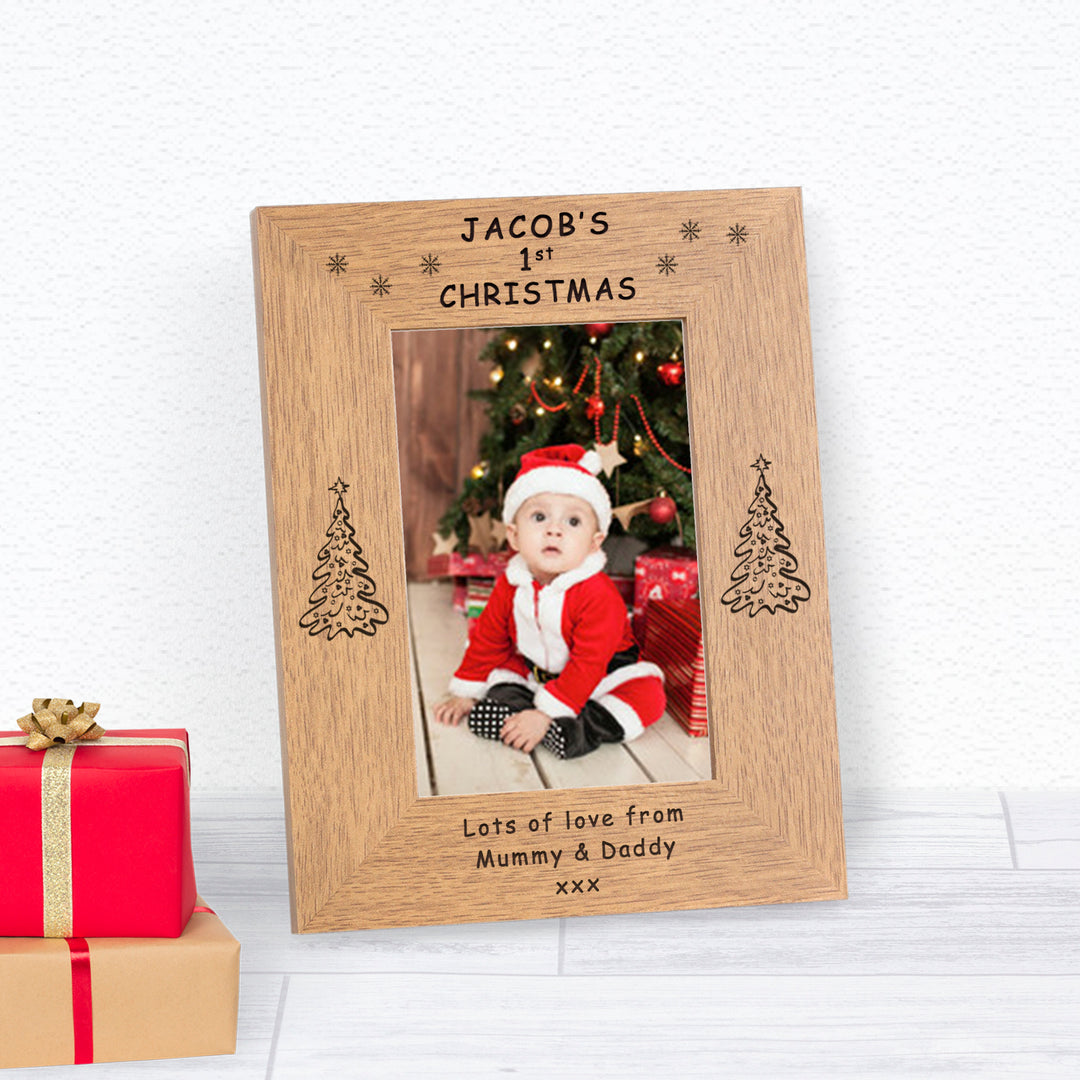 Personalised 1st Christmas Oak Finish Photo Frame 6x4