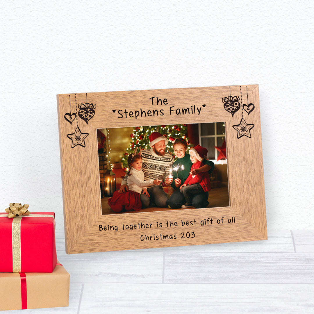 Personalised Festive Family Name Oak Finish Photo Frame 7x5