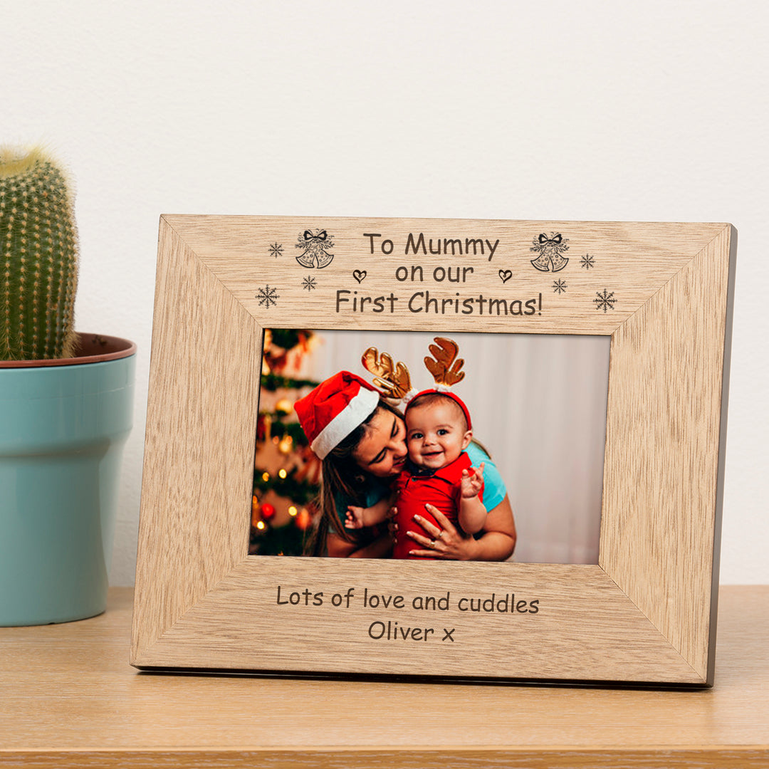 Personalised First Christmas with Mummy Oak Photo Frame 7x5