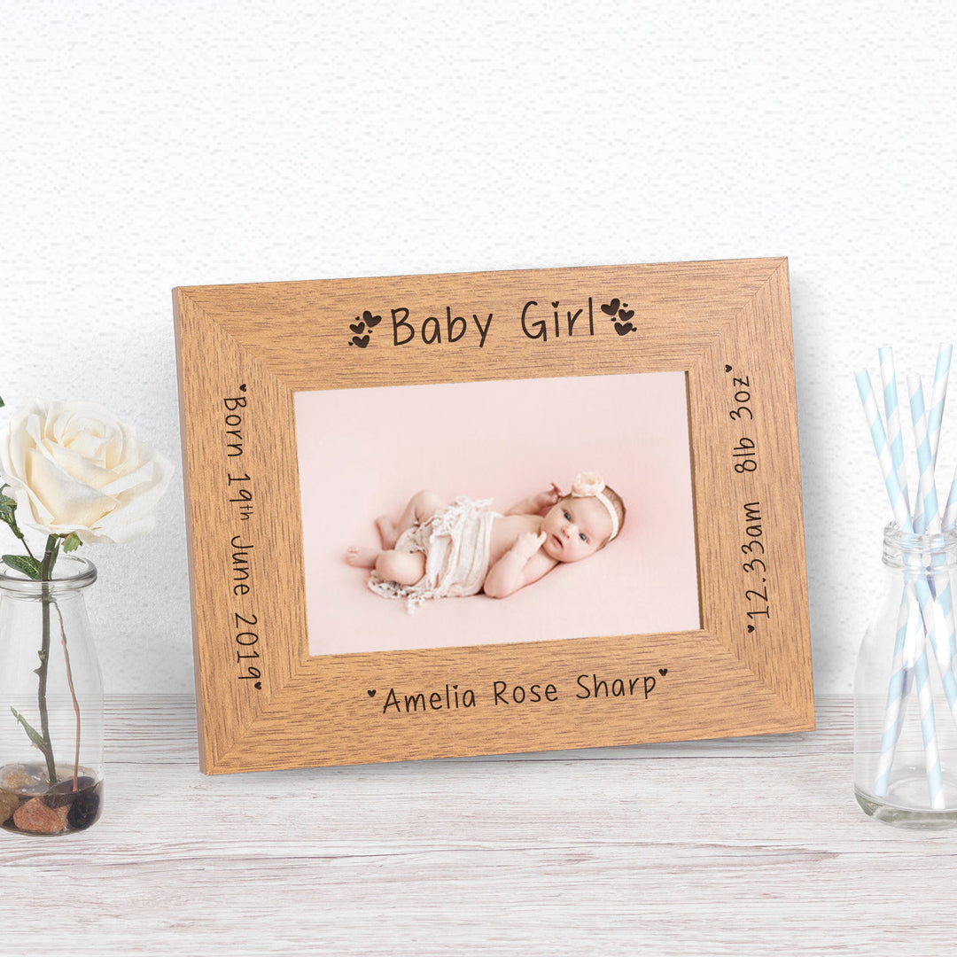 Personalised Baby Girl Oak Photo Frame 6x4