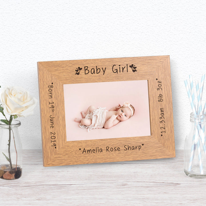 Personalised Baby Girl Oak Photo Frame 6x4
