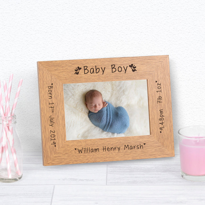 Personalised Baby Boy Oak Finish Photo Frame 6x4