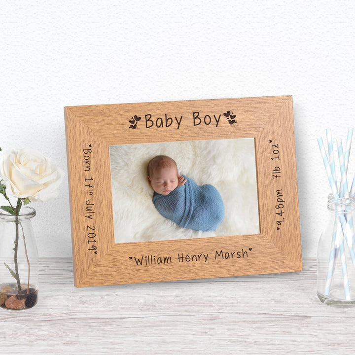 Personalised Baby Boy Oak Finish Photo Frame 6x4