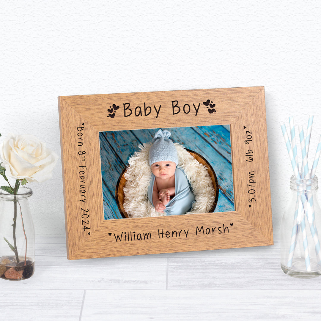 Personalised Baby Boy Oak Finish Photo Frame 6x4