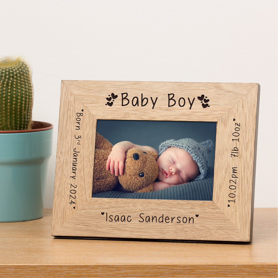 Personalised Baby Boy Oak Finish Photo Frame 6x4