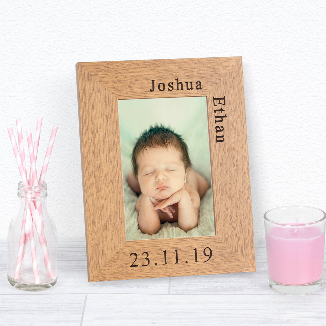 Personalised New Baby Wooden Photo Frame 6x4 with Name &amp; Date
